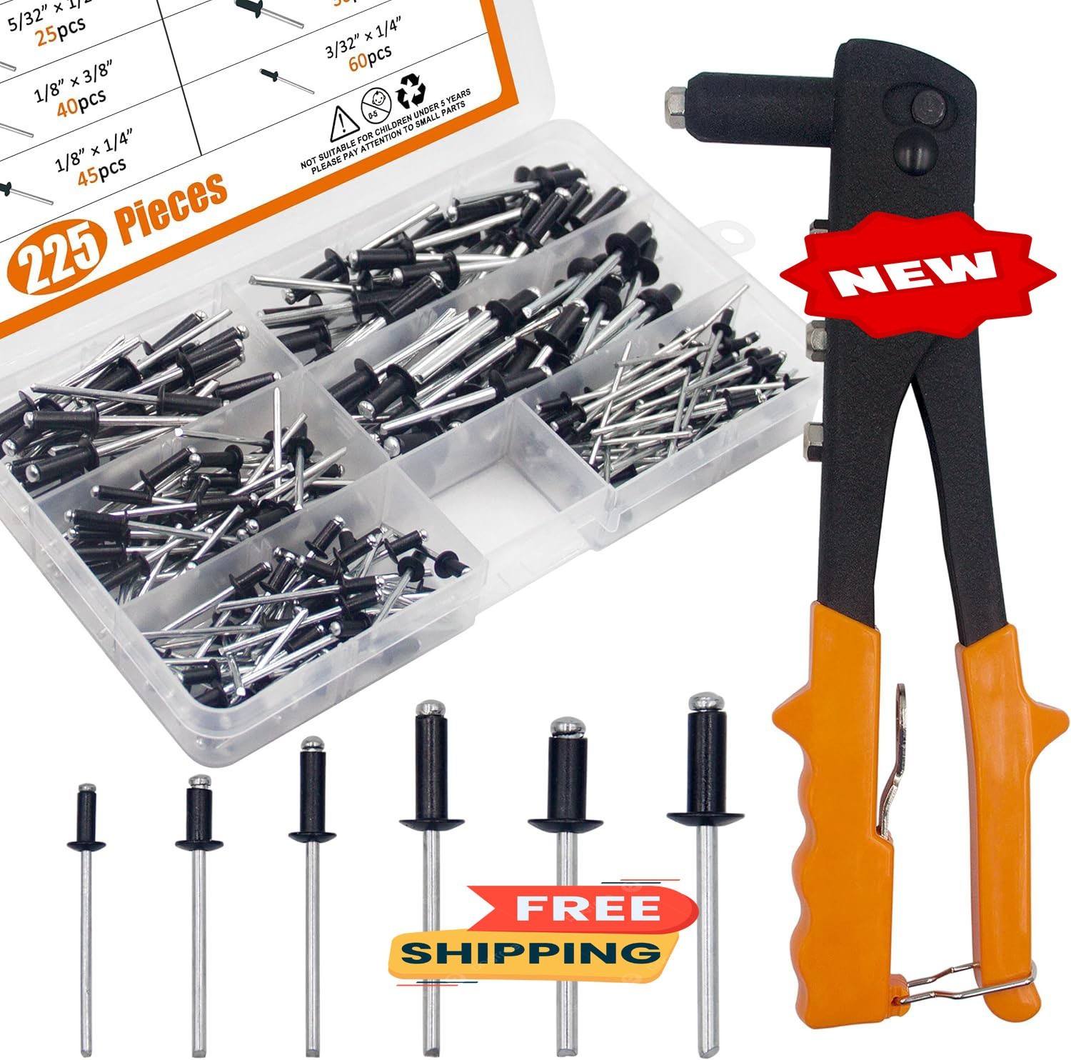 Kit surtido de remaches ciegos de aluminio negro de 225 piezas con herramienta d