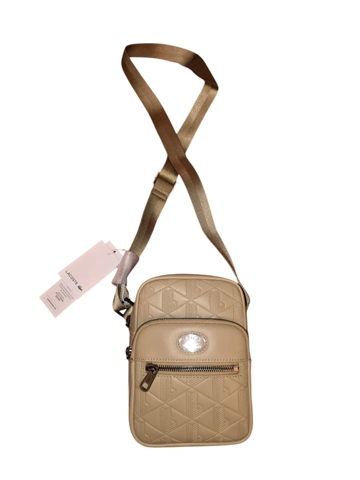 lacoste Mens crossbody Bag Authentic Beige Satchel Brown Logo Pocket - Image 2 of 4
