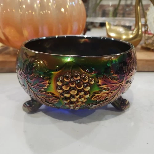 Fenton Vintage Blue Carnival Glass 3 Footed Fernery Bowl Antique Grape Dish Read