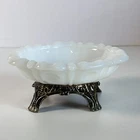 Vtg Anchor Hocking Milk Glass Thumbprint Trinket Dish Ornate Footed Metal Base