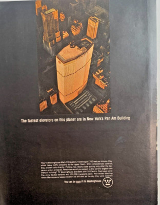 1965 Westinghouse  Elevators Print Ad 13''x10'' Pan Am Building Aerial Night View