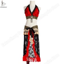Tribal BellyDance CostumeSuit Set Bra Hip Scarf LaceTribal Gypsy Top Belt 2PCS