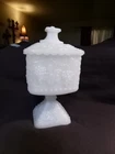 Milk Glass White Vintage Pedestal Lidded Candy Dish Raised Grapevine Design...