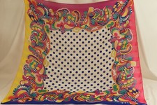 Vintage Scarf 34" Square Floral Polka Dots Green Yellow Blue Orange ITALY