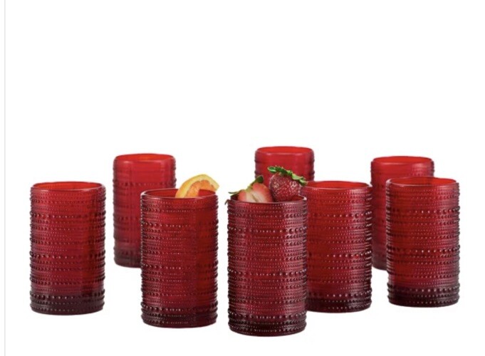 8 piece / Fortessa Jupiter/ 13 Oz Christmas glass Cup Beaded design RED