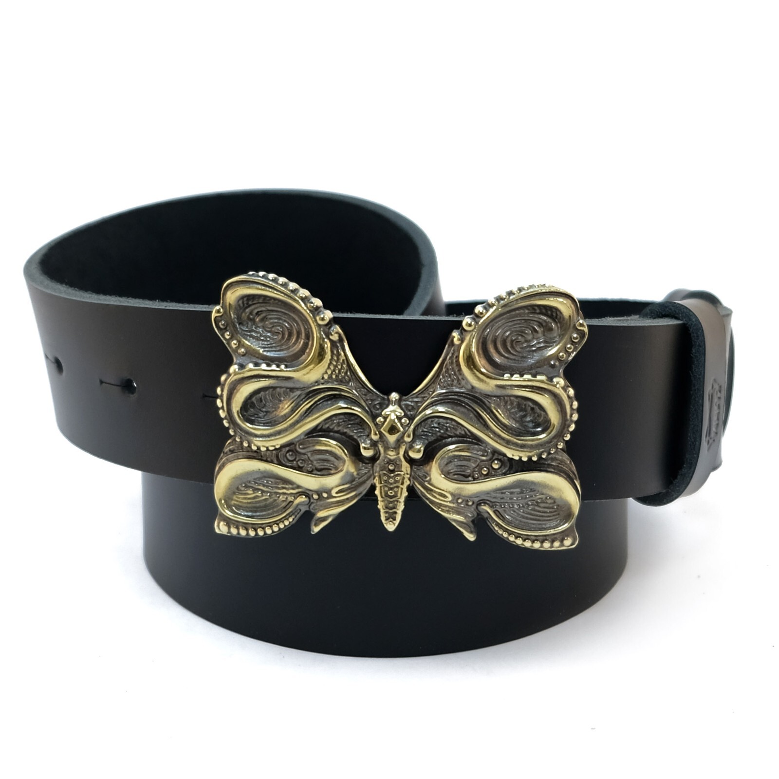 Leather belt with brass buckle Butterfly, Decorative insect monarch butterfly-image