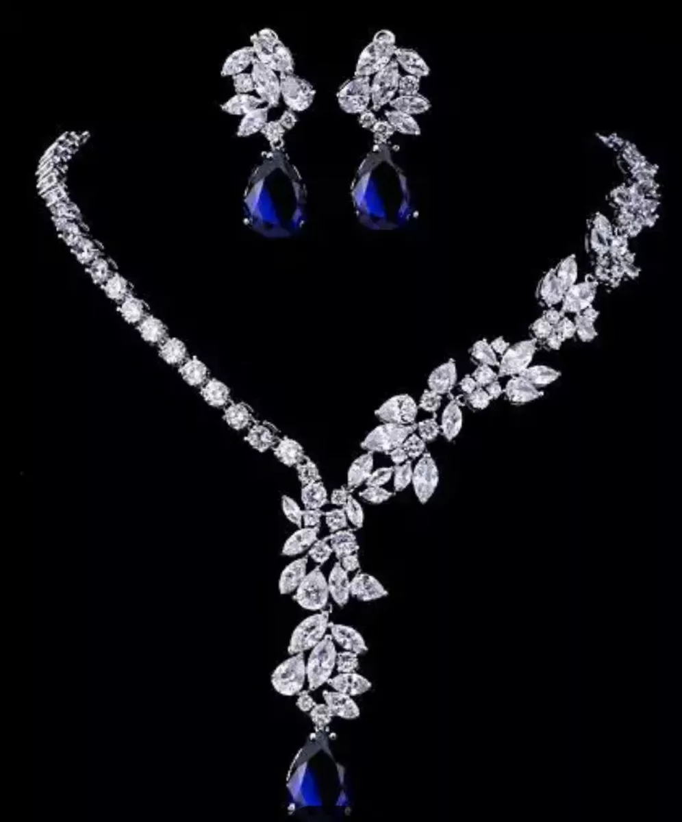 18k White Gold Plated Lab Created Blue Sapphire Necklace Earrings