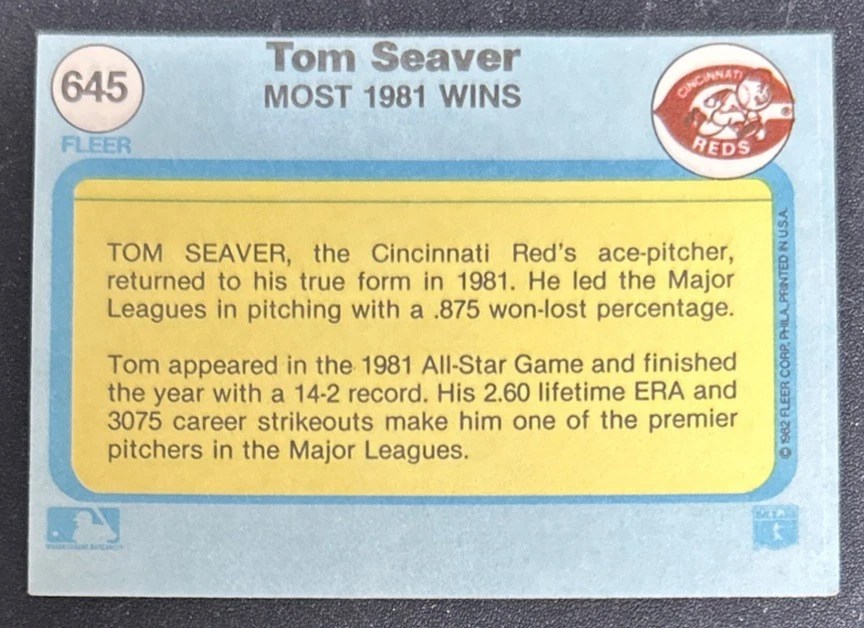 1982 Fleer Tom Seaver Most 1981 Wins Baseball Card #645 Reds HOF Pitcher VG O/C - Image 2 of 2