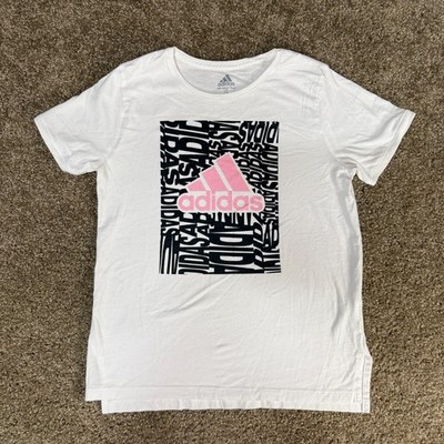 Adidas Tee Shirt Girls Large (14) White Graphic Cotton Athletic Pink logo Sports