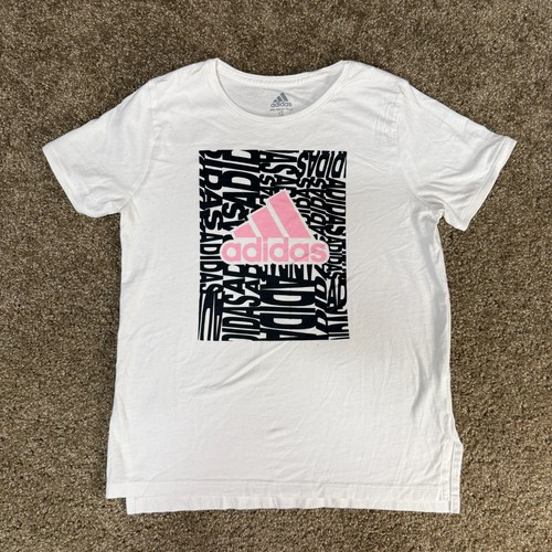 Adidas Tee Shirt Girls Large (14) White Graphic Cotton Athletic Pink logo Sports