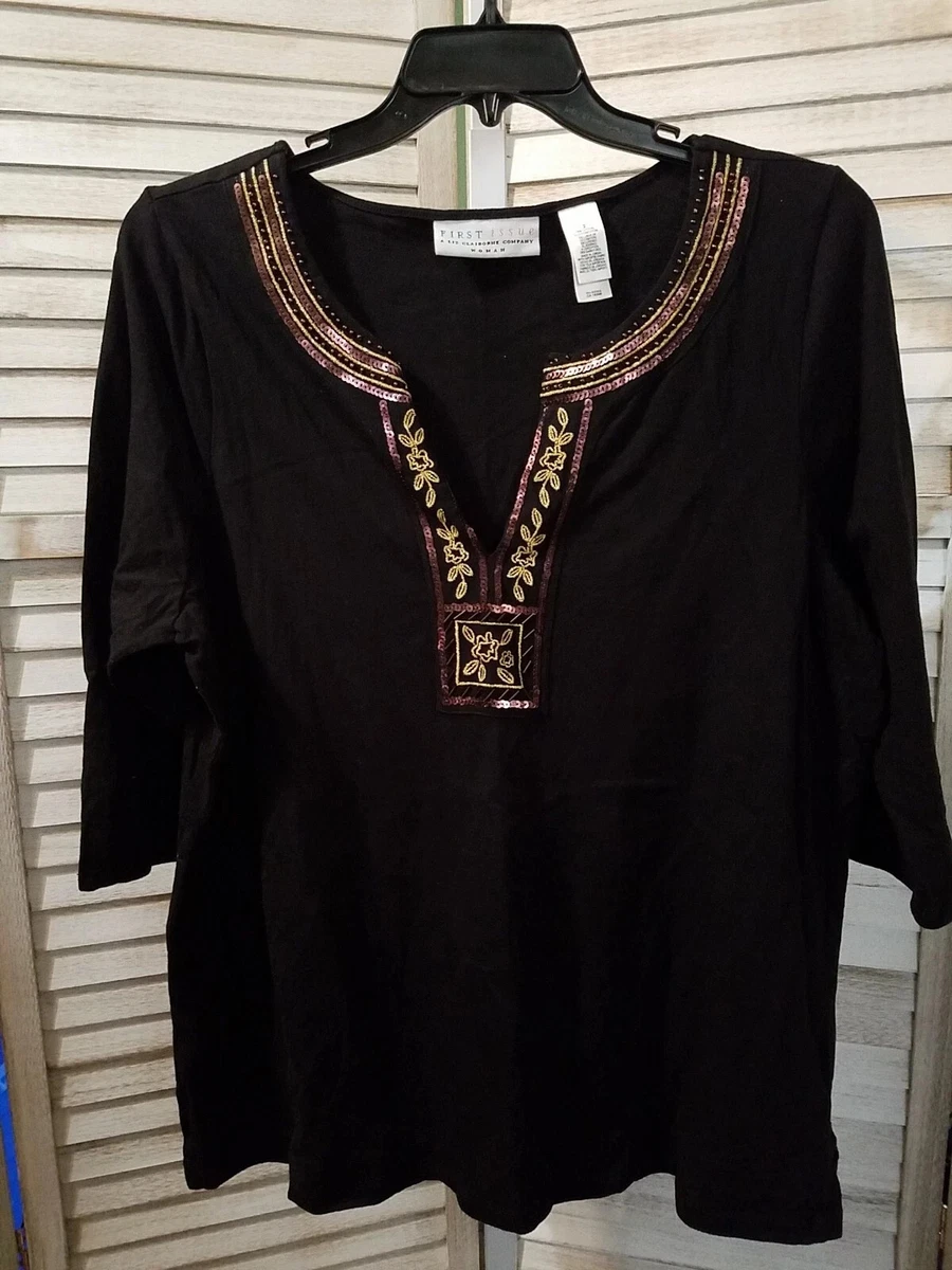 Liz Claiborne – Chemisier Noir Manches Longues En Lin/coton – Taille 6P – Occasion Très Bon état