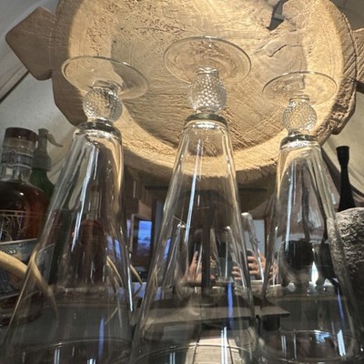 Set of 3 Antique  Clear Glass Curved Champagne Flutes, Round Stemmed Drinkware