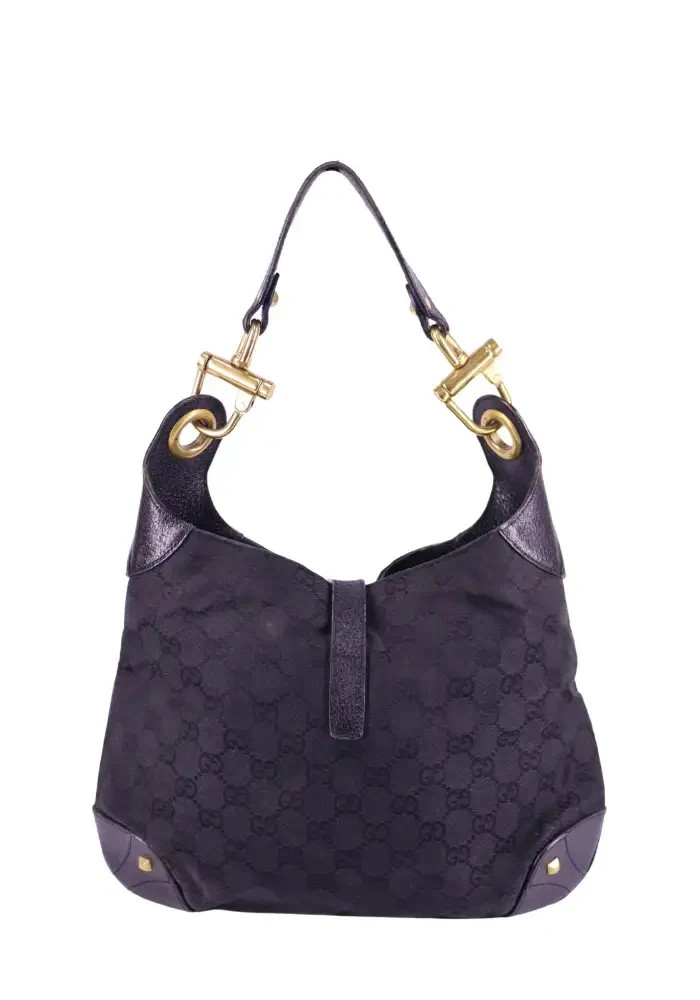 Gucci Jackie Hobo Bag Black Monogram Canvas with Leather Trim Piston Closure image 3