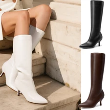 Women Pull On Knee High Boots Low Kitten Heel Pointed Toe Wide Calf Boots