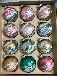 12 SHINY BRITE Stencil Ornaments & Box Peace Earth Bridge Merry Christmas