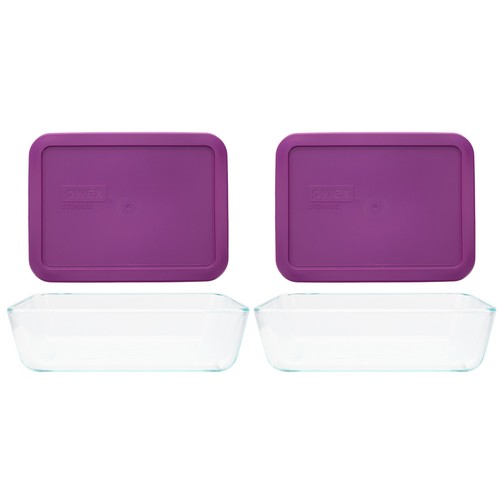 Pyrex (2) 7210 3-Cup Glass Dishes & (2) 7210-PC Thistle Purple Lids - 第 1/5 張圖片