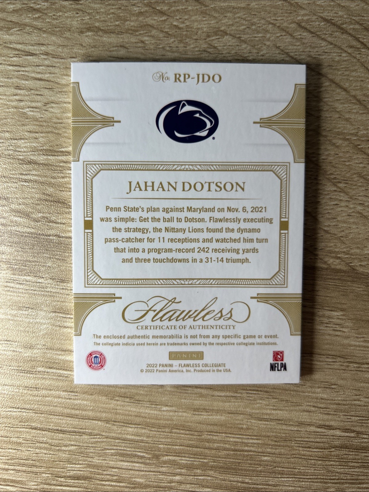 2022 Flawless Collegiate Jahan Dotson Rookie Patch Penn State Platinum 1/1 Nike view 3