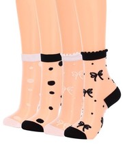 Women Sheer Ankle Socks Polka Dot And Bow Pattern 4 Pairs Black And White Mix