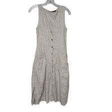 Tahari 100% Linen Button Front Sleeveless Dress Beige Pockets Size 2