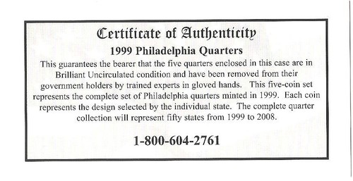 State Quarter Philadelphia 1999 edición como nueva con certificado de autenticidad - Imagen 3 de 3