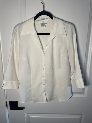 Vintage Fred David Womens Cream White Geometric Button Down 3/4 Sleeve 70s