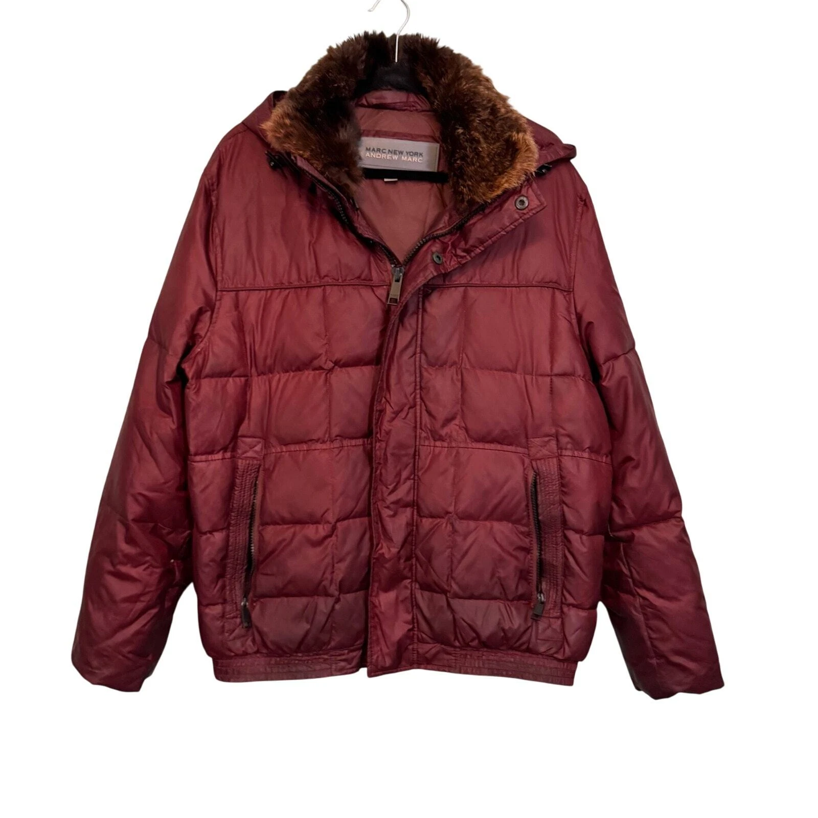 Andrew Marc NY Jacket Men's Large Red Puffer Fur Collar Hooded Down Waterfowl