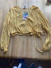 NWT Rhode Target Wrap Blouse Crepe Yellow Print Gathered Sleeves 1X