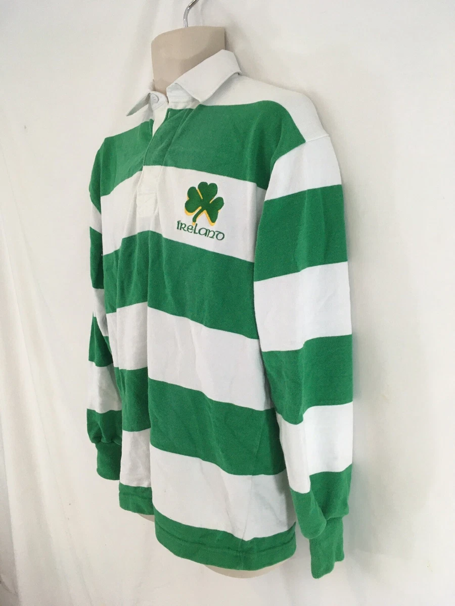 Barbarian Mens L Green White Stripe Ireland Shamrock Cotton Rugby Shirt