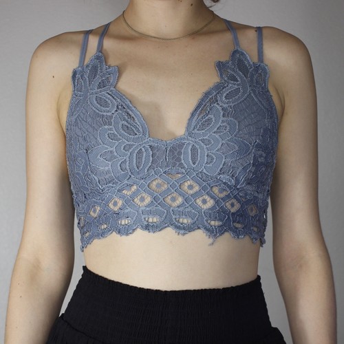 Anemone Crochet Lace Bralette Size S Padded Blue Criss Cross Crop Top Sheer Boho - Picture 8 of 10