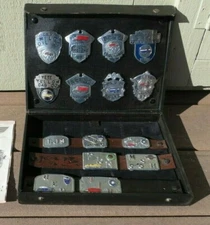 Hook-Fast Badge Company Salesman Sample Case 15 Badges Belt Buckles collection 