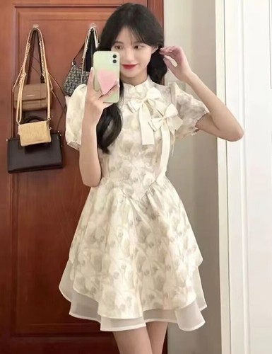 Cute Princess Womens Girls Floral Qipao Dress Bow Sweet Students Short Dress - Bild 4 von 6