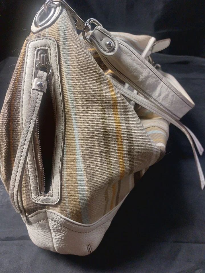 Vintage Eddie Bauer Leather & Neutral Earthtone Striped Canvas Hobo Boho Purse - Image 3 of 4