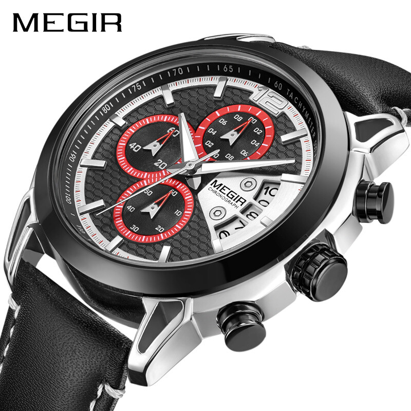 MEGIR Chronograph Men Quartz Watches Leather Strap Business Army Military  Watch