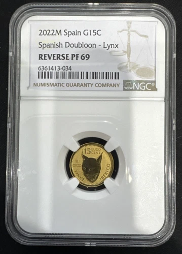 2022 M Spain Spanish Doubloon - Lynx Gold 15 Euro Cent Reverse PF 69 NGC 1/10 oz
