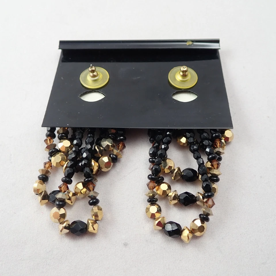 Pendientes Chipita Negro Ónix Dorado Metálico En Niveles Colgantes Cristal Pierced en Tarjeta Foto 4 de 4