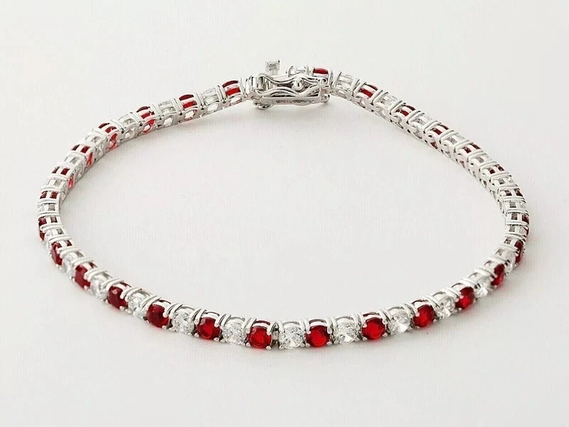 7CT Round Cut Red Ruby Lab Created Diamond Tennis Bracelet 14K White Gold Plated - Image 3 of 4