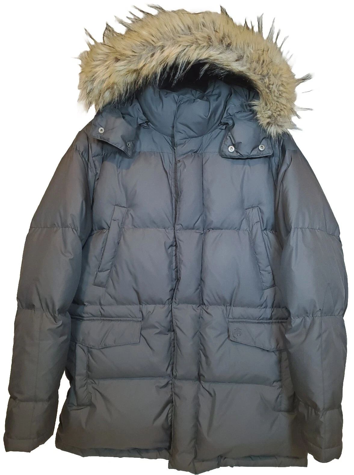 Brooks Brothers 346 Black Down Puffer Jacket Parka Faux Fur Trim Hood Men's M
