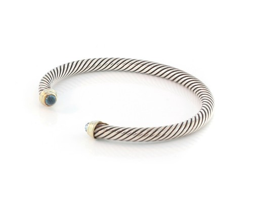 DAVID YURMAN Sterling Silver 14K Blue Topaz Cuff Bangle 5mm -$575 - Picture 2 of 4