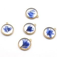 4PCS Gold Tone Real Dry Pressed Flower Resin Round Charm Pendant Supply GBY101