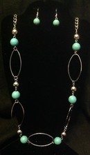 FASHION NWT long silver colored turquoise blue women's necklace earrings set