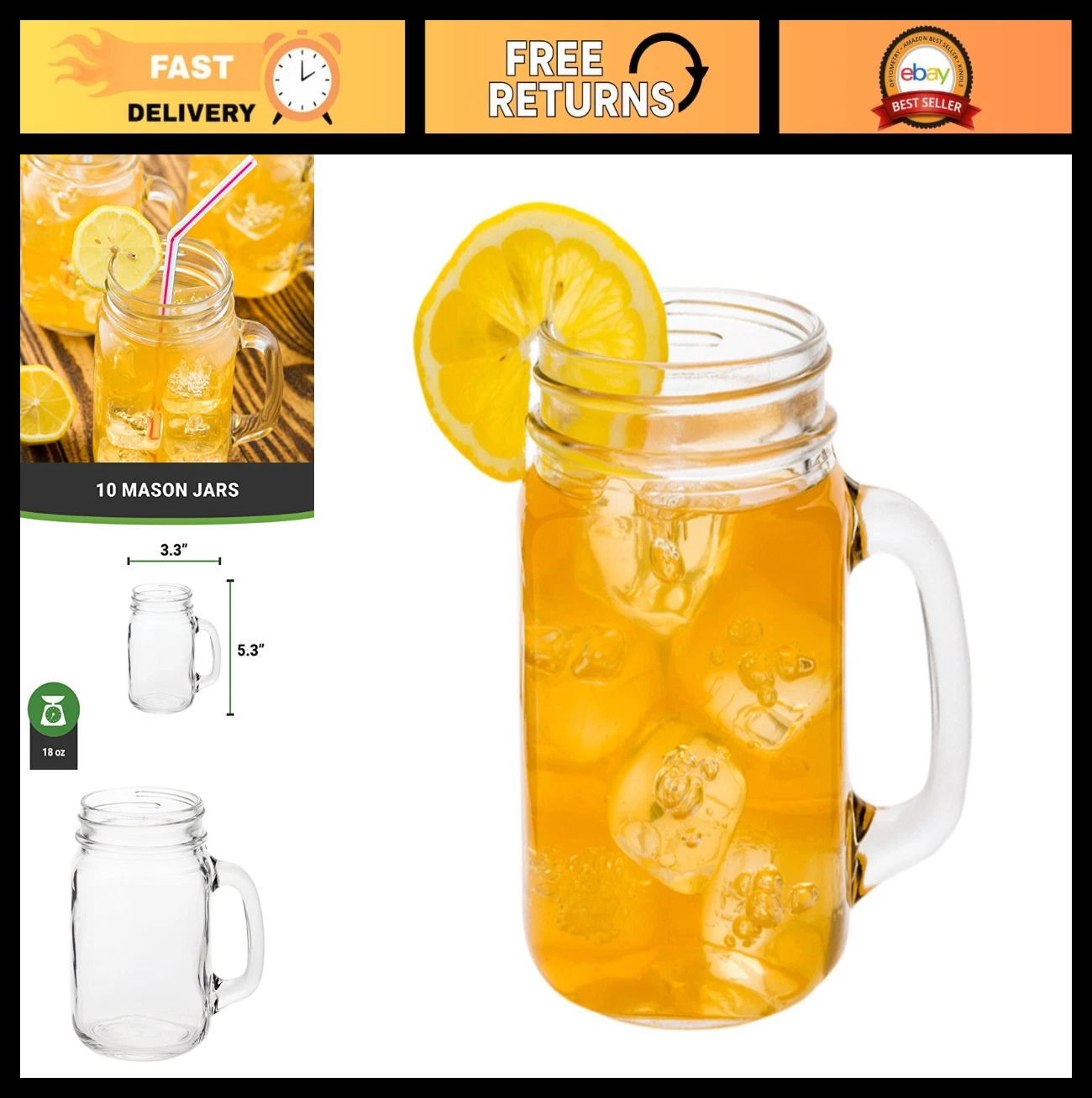 16oz Mason Jars with Handle - 10 Pack, Dishwasher Safe, Scratch Resistant Glass
