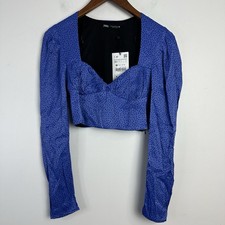 Zara Womens Blue Crop Top Size XS Satin Babydoll Long Sleeve Polka Dot Y2K Party