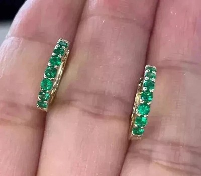 Natural Green Emerald 2.18 Ct Round Cut Snap Hoop Earrings 14K Yellow Gold solid