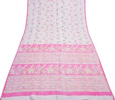 Sushila Vintage White Indian Saree 100 Pure Cotton Printed Floral Sari Fabric