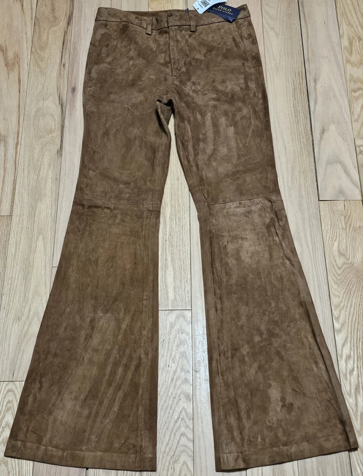 全新带标签 Polo Ralph Lauren 女式棕褐色羊皮麂皮绒喇叭剪影裤