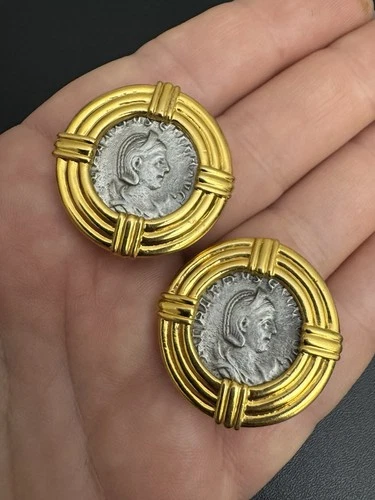 Vintage Carolee Roman Coin Gold & Silver Tone Clip-On Earrings Signed