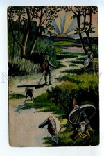 520801 HAND DRAWN PAINTED Traveller Sun GNOME Dwarf MUSHROOM Vintage postcard