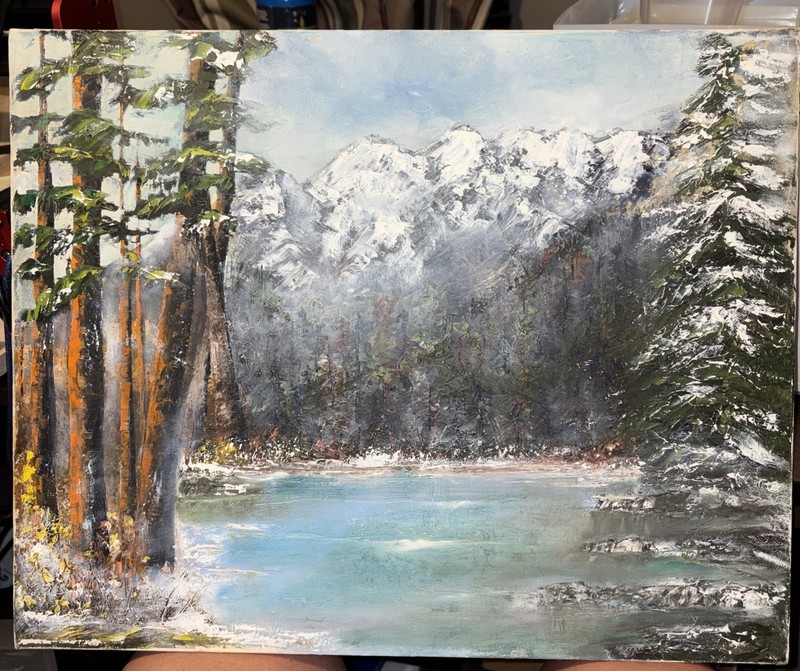 Original Oil Painting Mountains River Trees Scenic Artist Unknown Fredrix Canvas