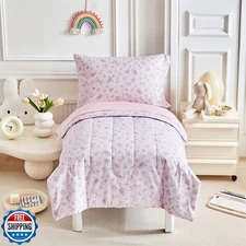 Joyreap 4 Piece Cotton Toddler Bedding Set for Girls- Purple n Pink Flowers D