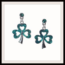 Green Crystal Clover Earrings St Patty Saint Patrick Pierced Silver